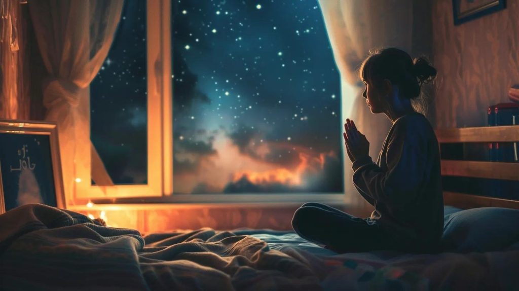 A child sits cross-legged on a bed, hands together in prayer, looking out a window at a starry night sky. The room is dimly lit with a warm glow, and soft curtains frame the window.