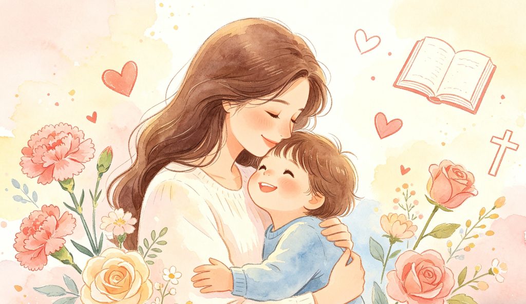 A joyful mother embraces her smiling young child, surrounded by flowers, hearts, an open book, and a cross, symbolizing love, warmth, and faith in a soft, pastel watercolor style.