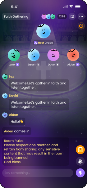 A group chat titled Faith Gathering shows animated avatars and messages welcoming members. The chat includes a host named Grace and displays room rules at the bottom, advising respect and privacy.