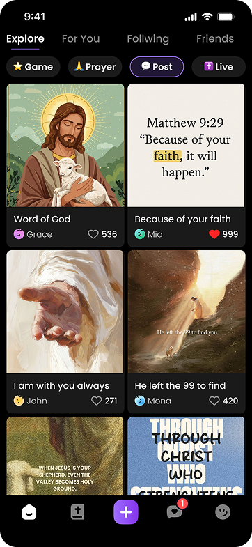 A mobile app screen displays Christian-themed posts with images of Jesus, Bible verses, hands, and inspirational quotes. Icons for Game, Prayer, Post, and Live are at the top, and navigation icons line the bottom.