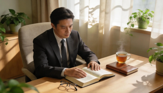 A man in a suit sits at a desk reading a book. A pair of glasses, a closed notebook, and a steaming cup of tea are on the table. Sunlight streams through the window, and green plants decorate the room.
