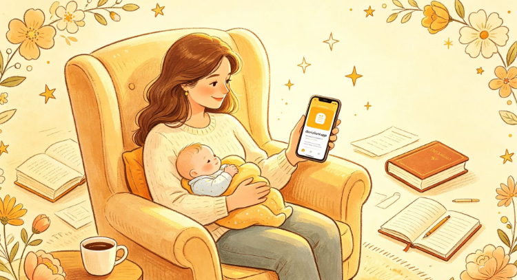 A woman sits in a cozy armchair holding a baby and smiling at a smartphone. The setting is warm, with books, papers, flowers, a coffee cup, and glowing stars decorating the scene.