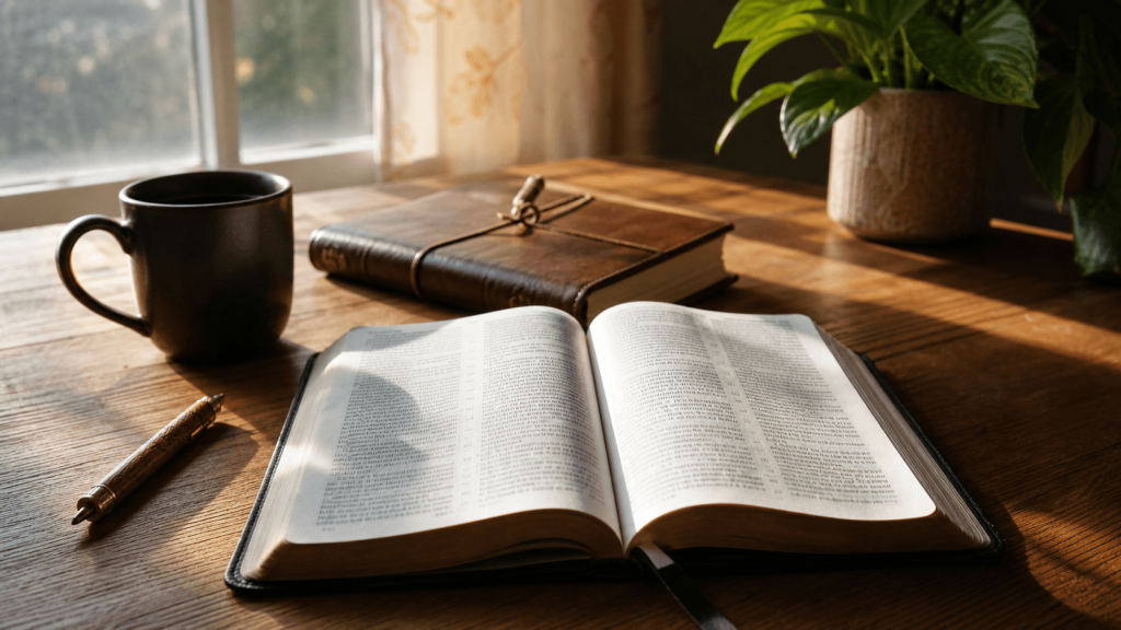 An open book sits on a wooden table next to a closed notebook with a string, a mug, a pen, and a potted plant. Sunlight streams in through a nearby window, casting warm shadows across the scene.