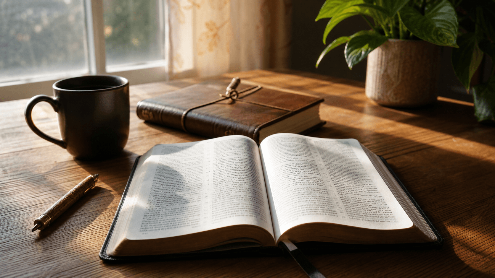 An open book, a notebook with a tied string, a pen, a coffee mug, and a potted plant sit on a wooden table by a sunlit window with sheer curtains.