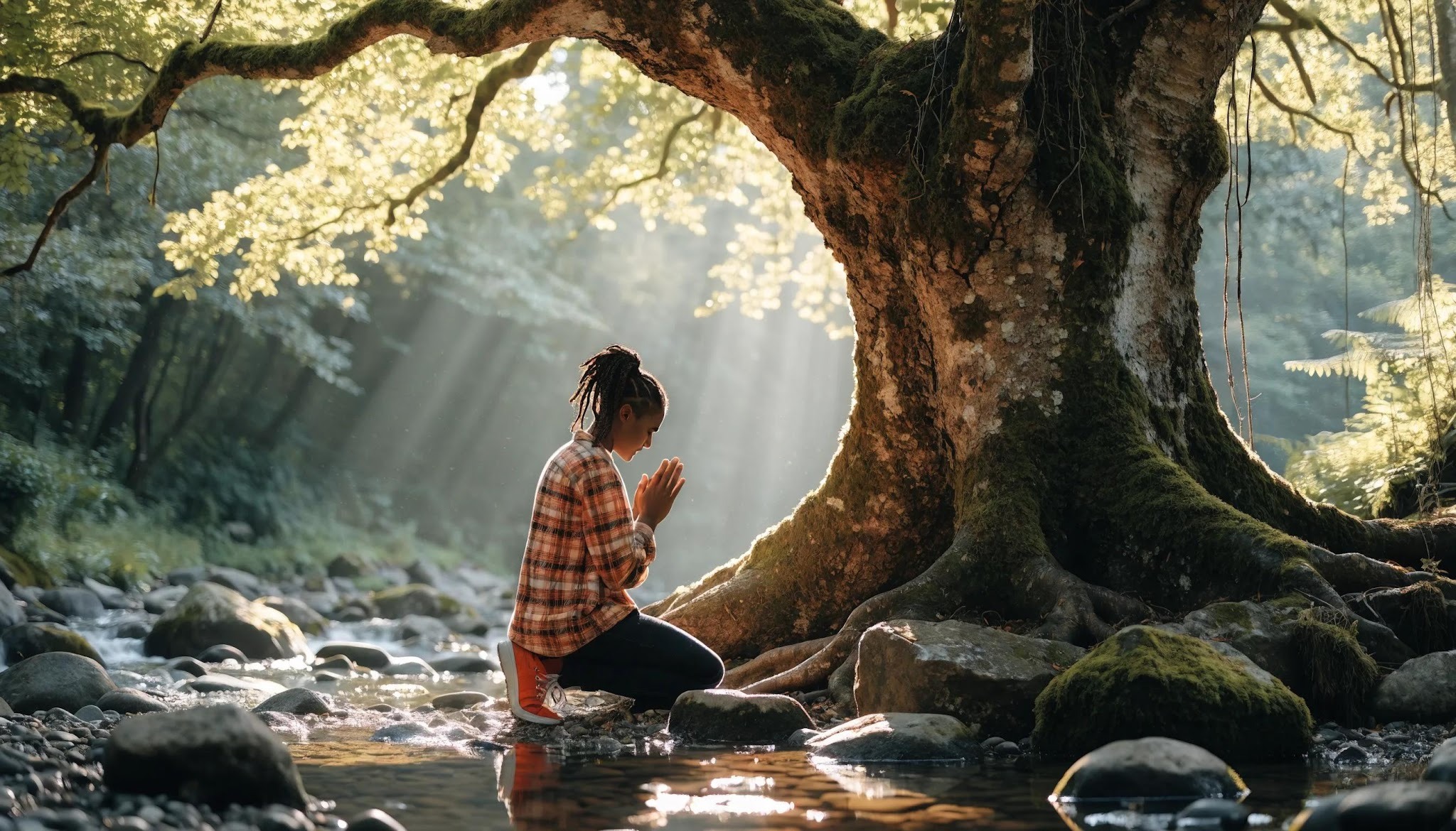 A person kneels with hands pressed together in prayer beside a large mossy tree in a sunlit forest, surrounded by rocks and a gentle stream. Sunbeams filter through the branches, creating a serene atmosphere.