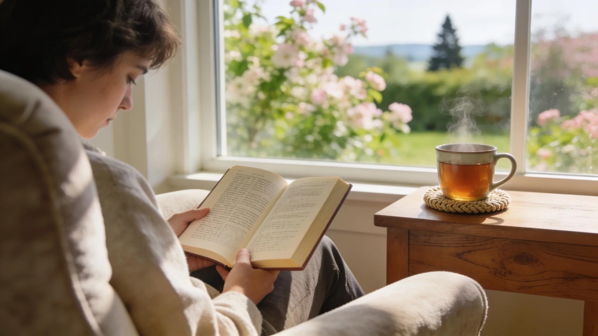 A person sits in a cozy chair by a sunlit window, reading a book. A steaming cup of tea rests on a wooden table nearby, with blooming flowers and green scenery visible outside.