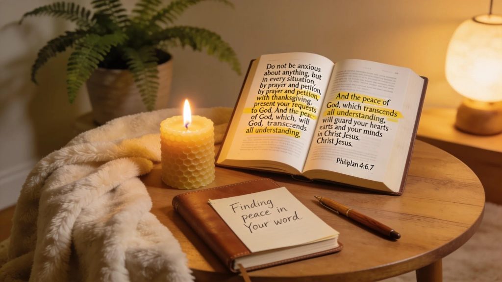 A cozy scene with an open Bible on a wooden table, passages highlighted in yellow, a lit candle, a notebook titled Finding peace in your word, a soft blanket, a potted fern, and a warm lamp in the background.