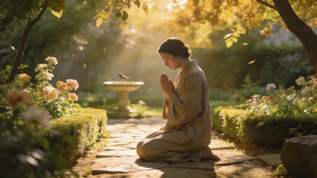 Person praying peacefully in a serene outdoor setting, symbolizing love and forgiveness A woman kneels on a stone path in a sunlit garden, hands pressed together in prayer. She is surrounded by lush greenery and flowers, with a bird perched on a fountain in the background. Warm sunlight filters through the trees.