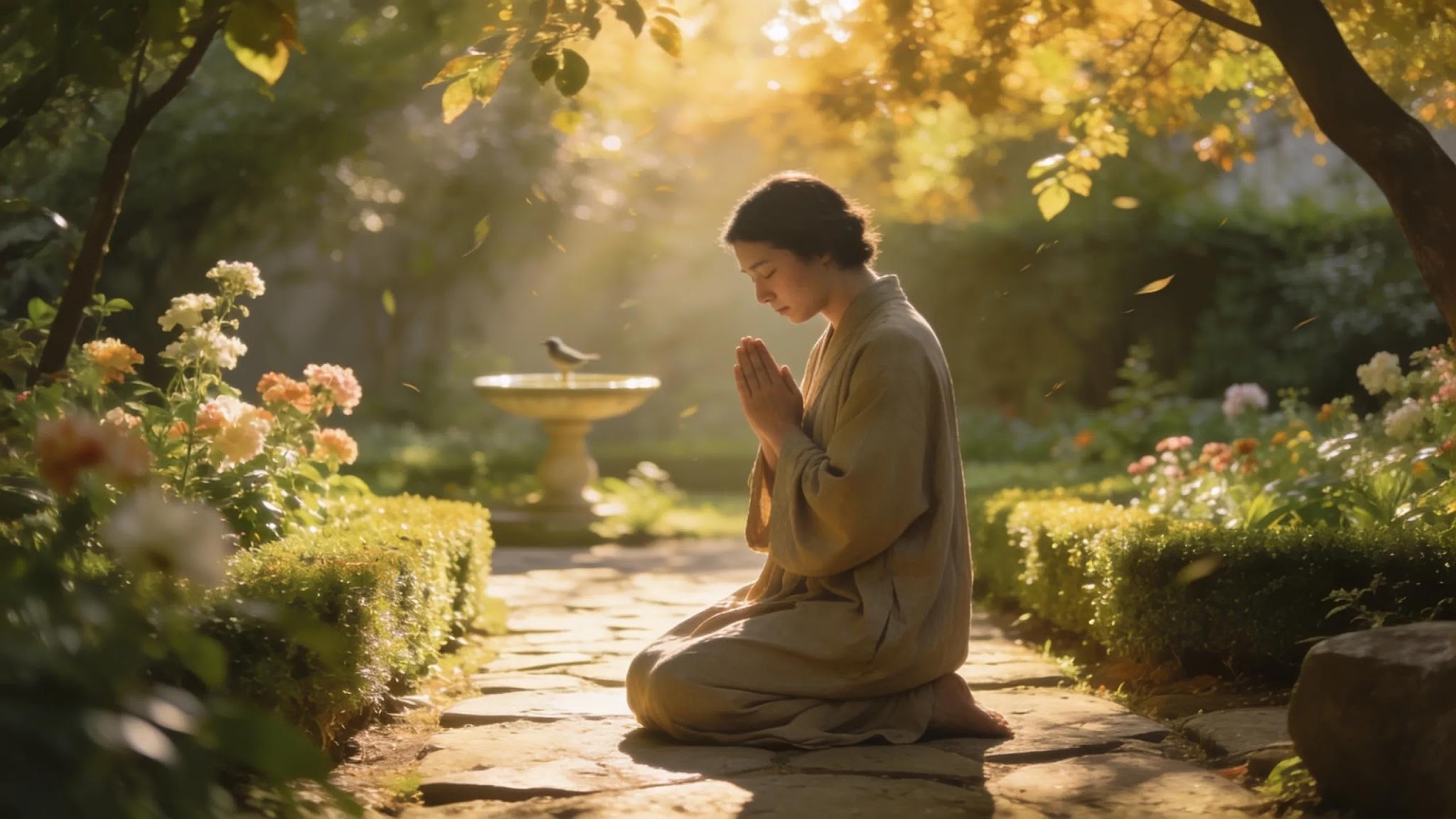 A woman kneels on a stone path in a sunlit garden, hands pressed together in prayer. She is surrounded by lush greenery and flowers, with a bird perched on a fountain in the background. Warm sunlight filters through the trees.