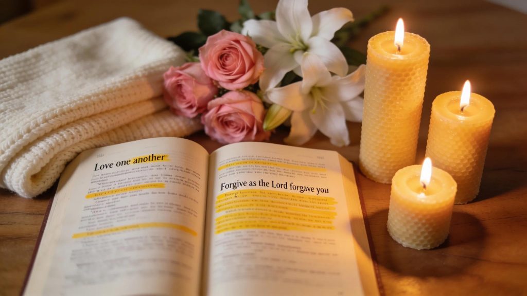 Open Bible with highlighted verses about love and forgiveness, surrounded by candles and flowers An open Bible with passages highlighted in yellow sits on a wooden table next to three lit candles, a bouquet of pink roses and white lilies, and a folded white knit cloth.