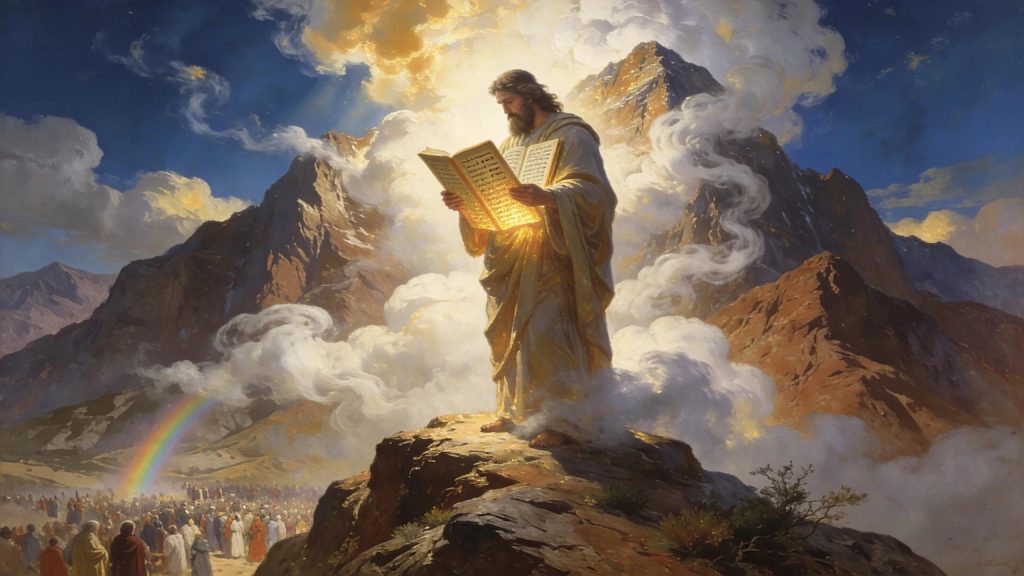 A figure in flowing robes stands on a rocky mountain amid clouds and light, holding a glowing tablet or book. Below, a crowd gathers, with dramatic mountains and a rainbow in the background under a bright sky.