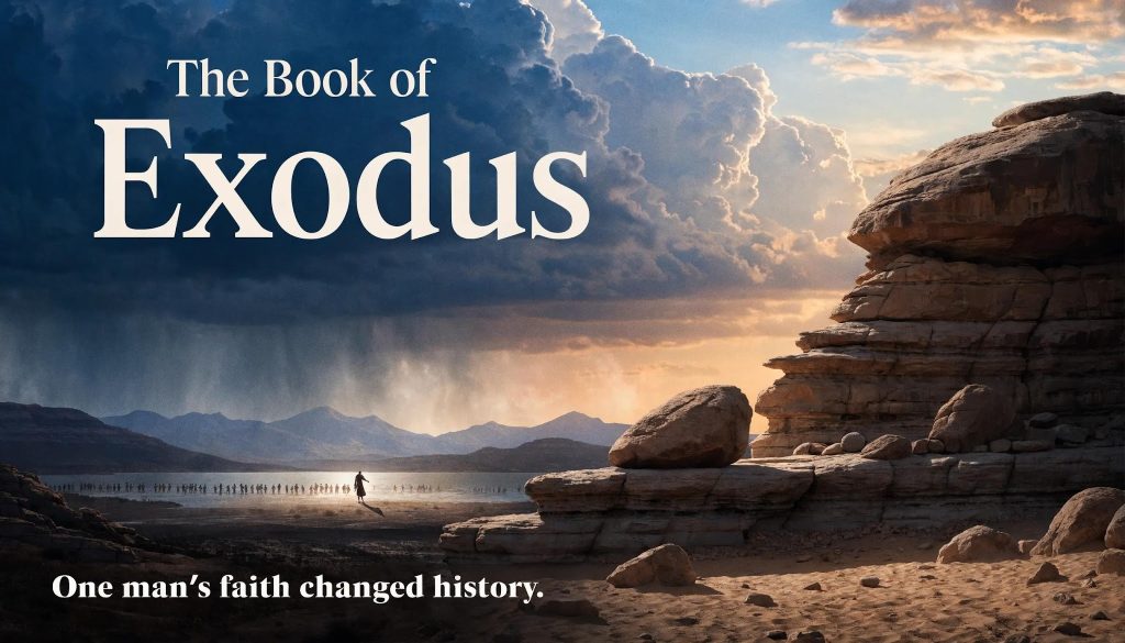 A dramatic desert landscape with large rock formations, a distant figure walking, and dark clouds overhead. Text reads: The Book of Exodus. One mans faith changed history.