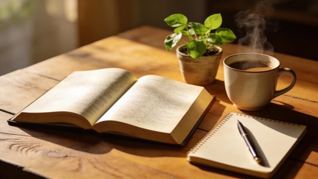Open Bible surrounded by a cup of coffee and a notebook, symbolizing reflection on God's Word An open book, a potted plant, a steaming cup of coffee, and a notepad with a pen rest on a wooden table, bathed in warm sunlight.