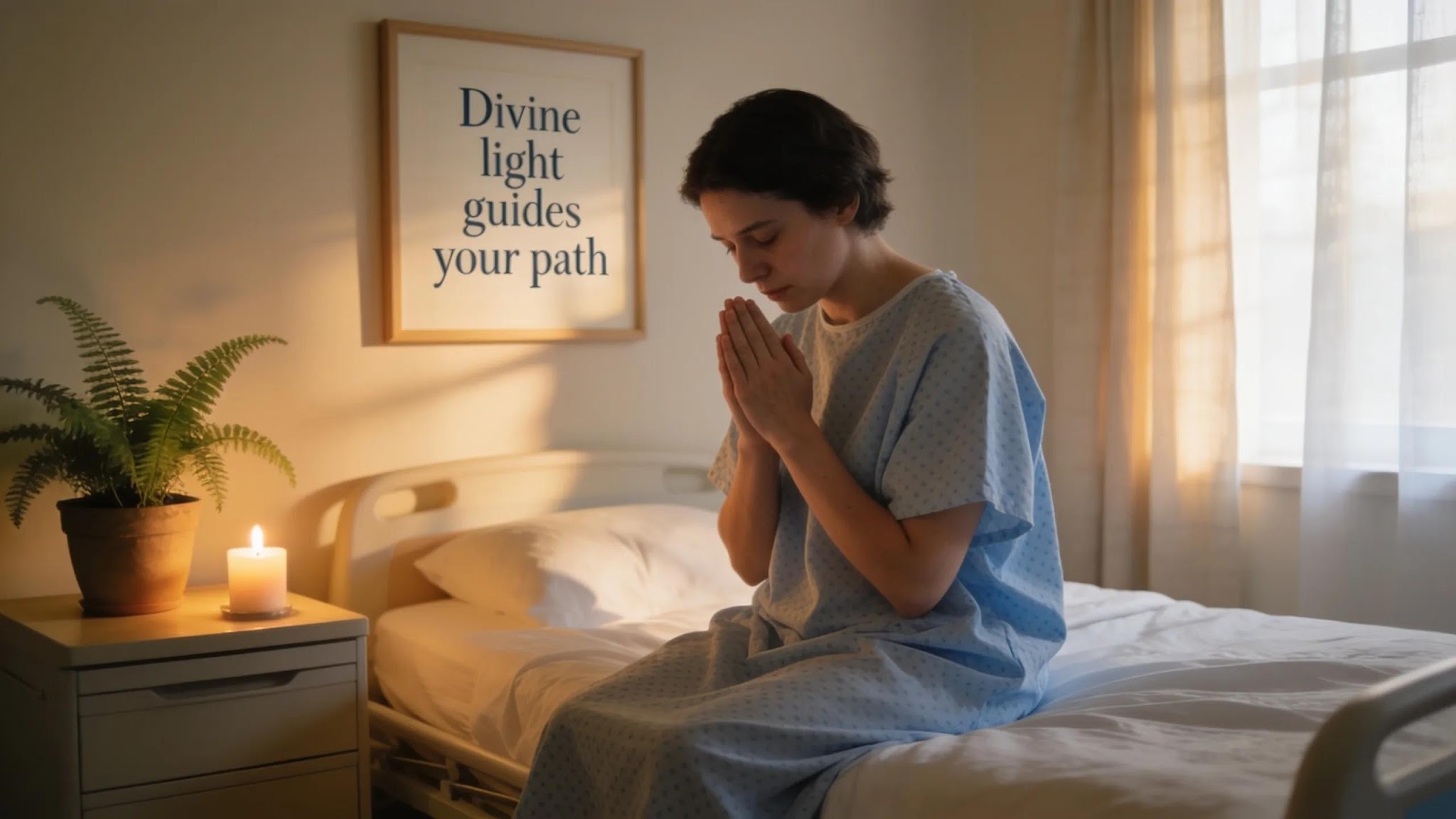 A woman in a hospital gown sits on a bed, hands clasped in prayer. A lit candle and potted plant are on a bedside table. A sign on the wall reads, “Divine light guides your path.” Sunlight streams in.