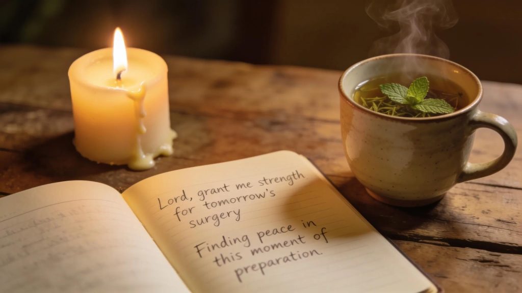 Open journal with handwritten prayers and reflections, symbolizing personal preparation for surgery An open journal with a handwritten prayer beside a lit candle and a steaming cup of tea with mint leaves on a wooden table, creating a calm and reflective atmosphere.