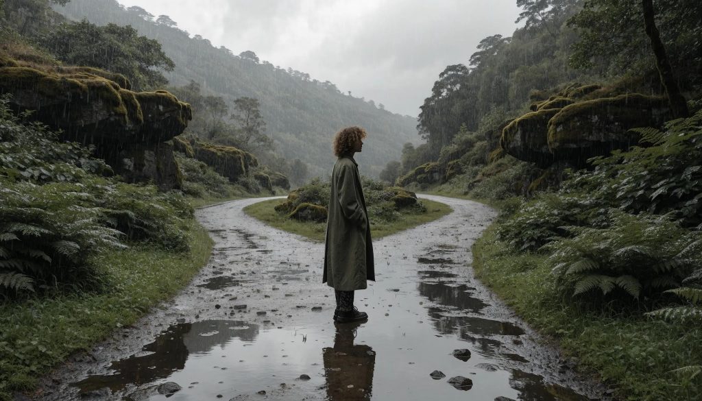 A person in a long coat stands at a fork in a wet, muddy path surrounded by lush green vegetation and mossy rocks, with misty hills in the background on a rainy day.