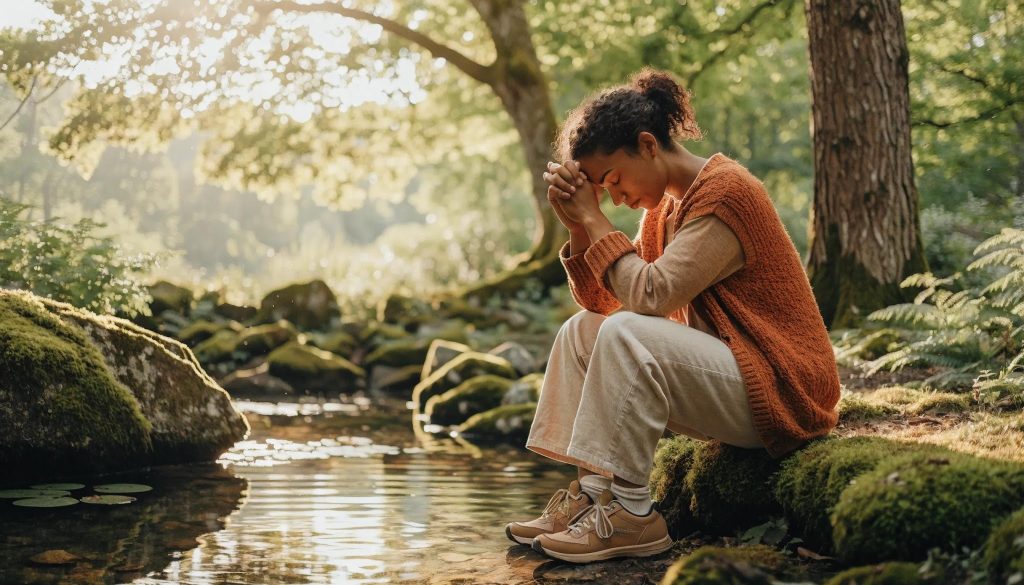 Person praying in a tranquil outdoor setting, symbolizing hope and healing in addiction recovery A woman sits on a mossy rock by a forest stream, elbows on knees and hands clasped near her face in a thoughtful or prayerful pose, surrounded by greenery and dappled sunlight.