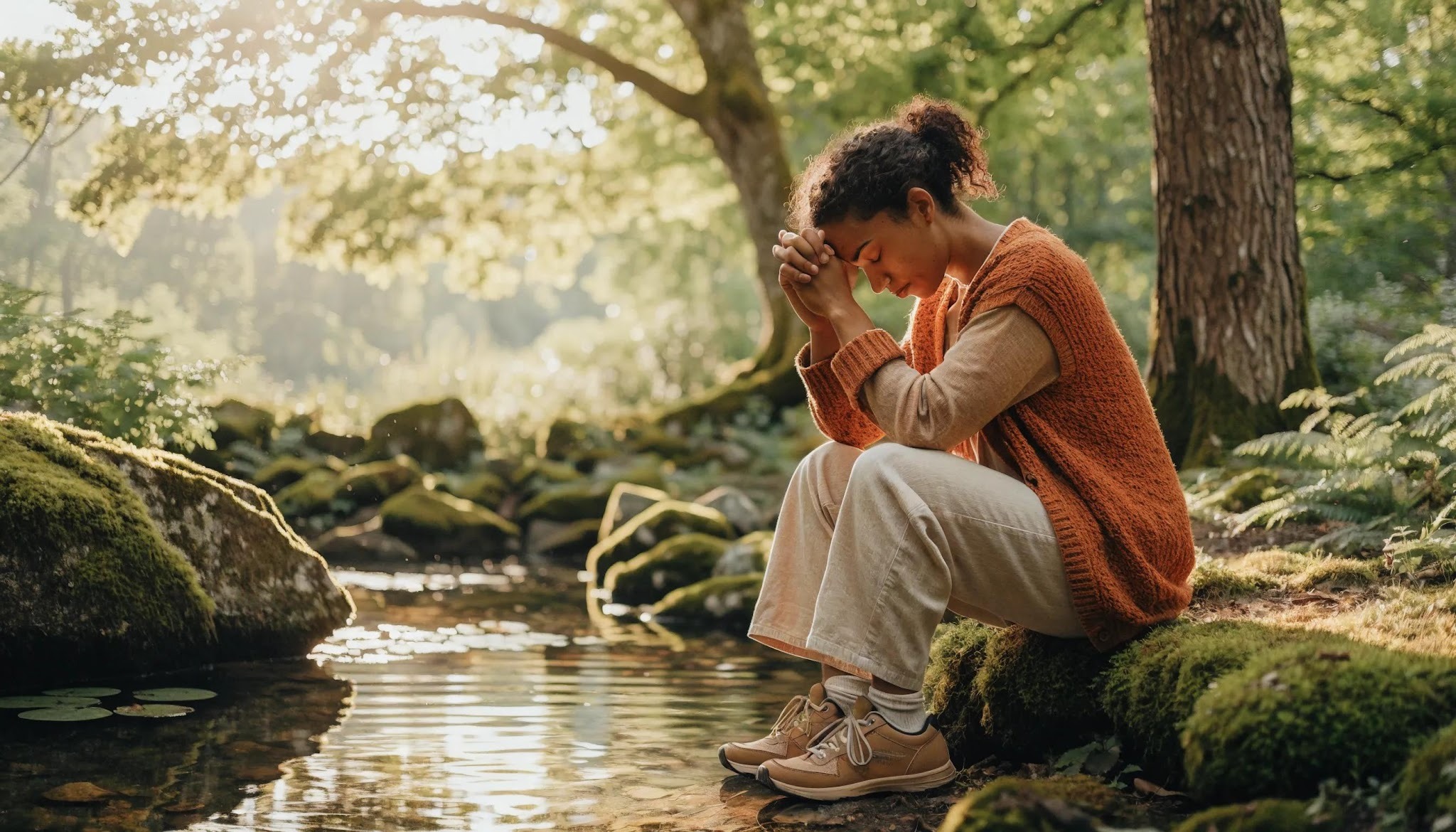 A woman sits on a mossy rock by a forest stream, elbows on knees and hands clasped near her face in a thoughtful or prayerful pose, surrounded by greenery and dappled sunlight.