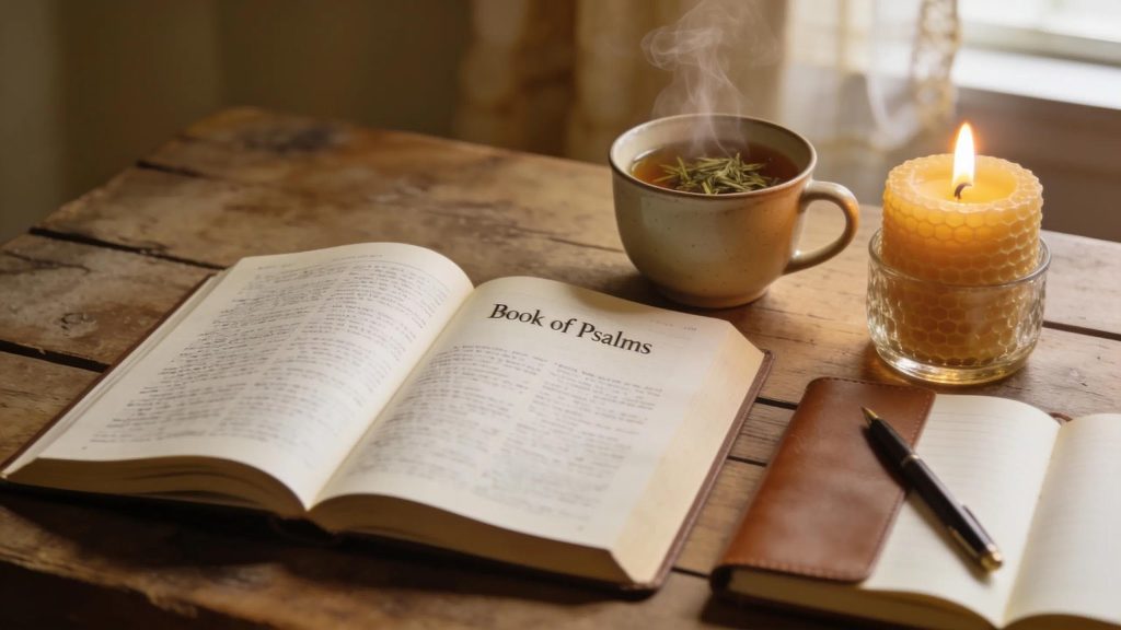 Open Bible showing the Book of Psalms on a wooden table with a warm cup of tea, inviting reflection and prayer. An open Bible turned to the Book of Psalms sits on a rustic wooden table with a steaming cup of tea, a lit beeswax candle, a closed leather notebook, and a pen beside it. Warm, soft lighting fills the scene.