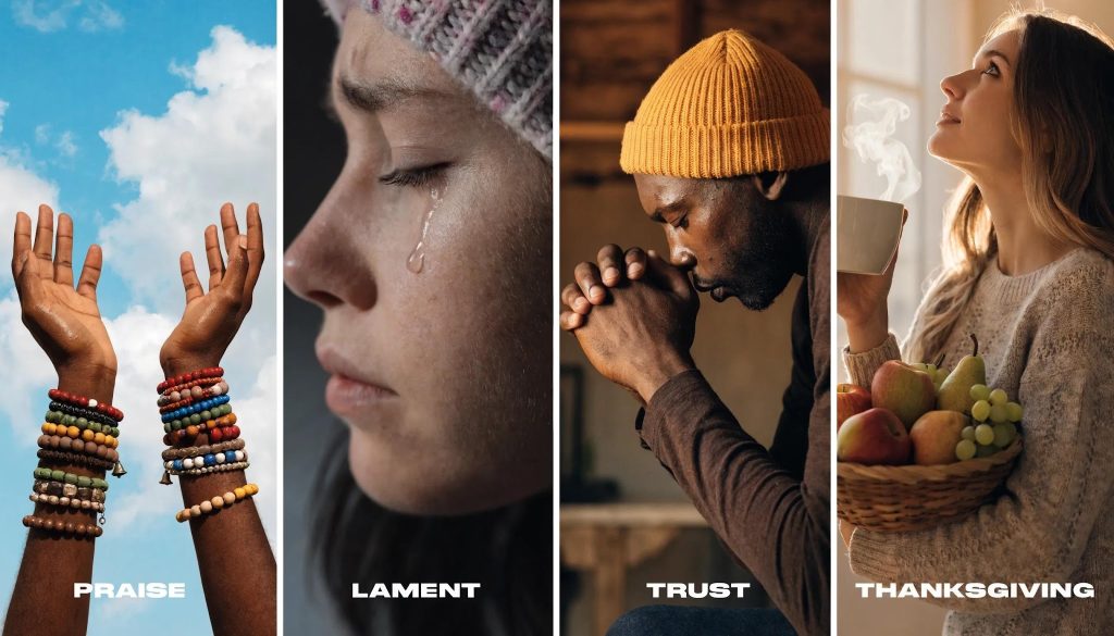 Collage of themes from the Psalms: hands raised in praise, a tearful face for lament, individual in prayer for trust, and a person expressing gratitude. A collage of four images labeled Praise, Lament, Trust, and Thanksgiving, showing raised hands, a tearful face, a praying man, and a smiling woman holding a cup and basket of fruit.