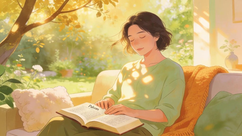 Individual engaging in prayer beside an open Book of Psalms in a tranquil environment, embodying reflection and spiritual connection. A woman with short dark hair sits on a sofa, reading a book titled Poetry in a sunlit room. Dappled sunlight filters through leaves, casting patterns on her and the cozy, serene setting.