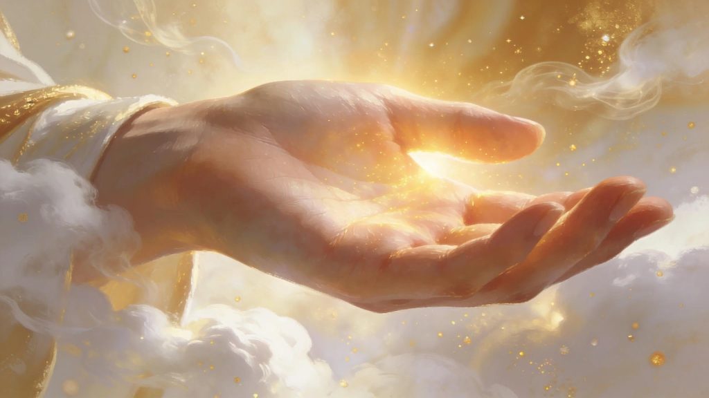 Hand reaching towards light symbolizing grace and overcoming guilt A glowing hand surrounded by soft clouds and golden light, with sparkling particles floating around, giving a celestial or divine appearance.