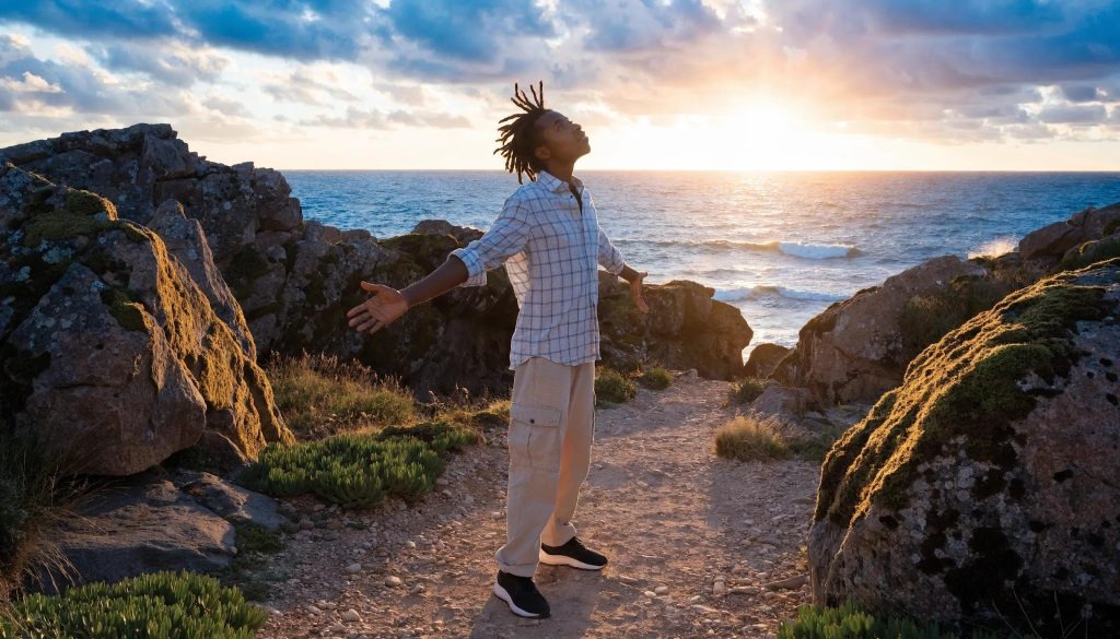 Individual embracing forgiveness on a peaceful sunrise path A person stands on a rocky path by the ocean at sunset, arms outstretched, facing the sun. The sky is partly cloudy, and waves crash against the shore, creating a peaceful, uplifting scene.