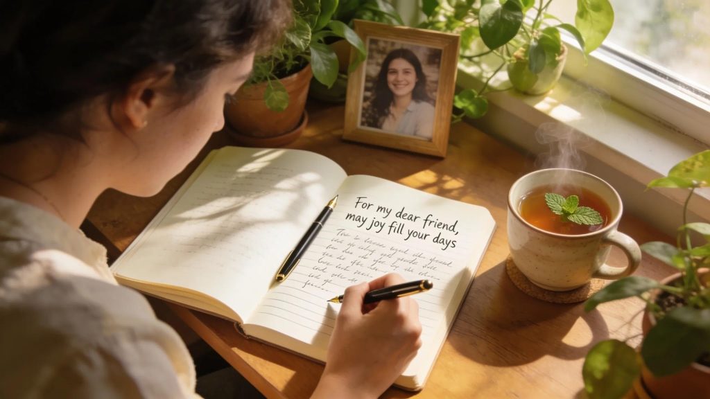 Individual writing personalized blessing prayers in a serene and cozy environment A woman writes in a notebook at a sunlit desk with plants, a framed photo of a smiling woman, and a steaming cup of tea. The notebook reads, “For my dear friend, may joy fill your days.”.