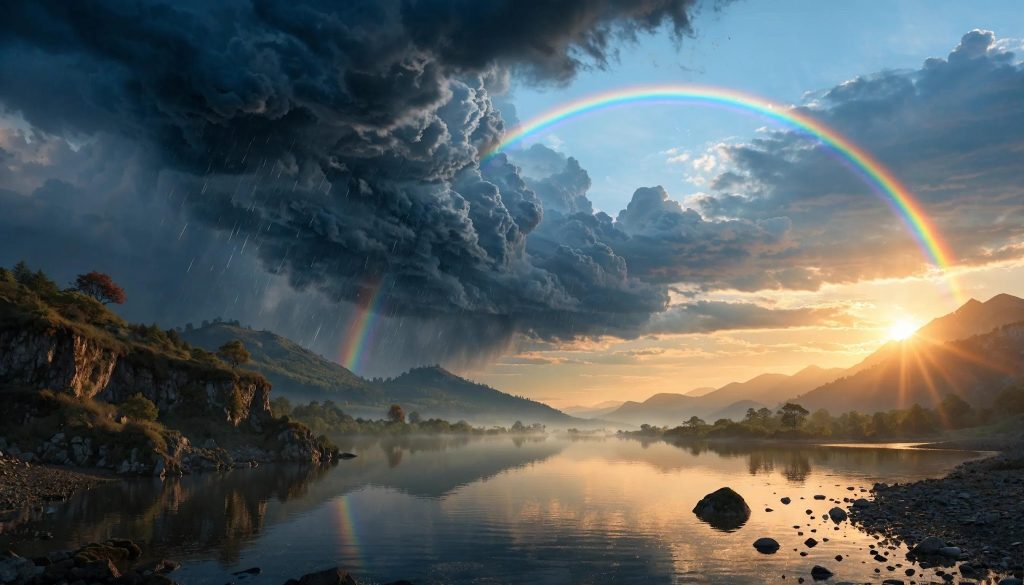 Artistic depiction of Genesis themes: creation, fall, and covenant A dramatic landscape with dark storm clouds on the left, sunlight breaking through on the right, a vivid rainbow arching across the sky, and a calm reflective lake surrounded by hills and scattered rocks in the foreground.