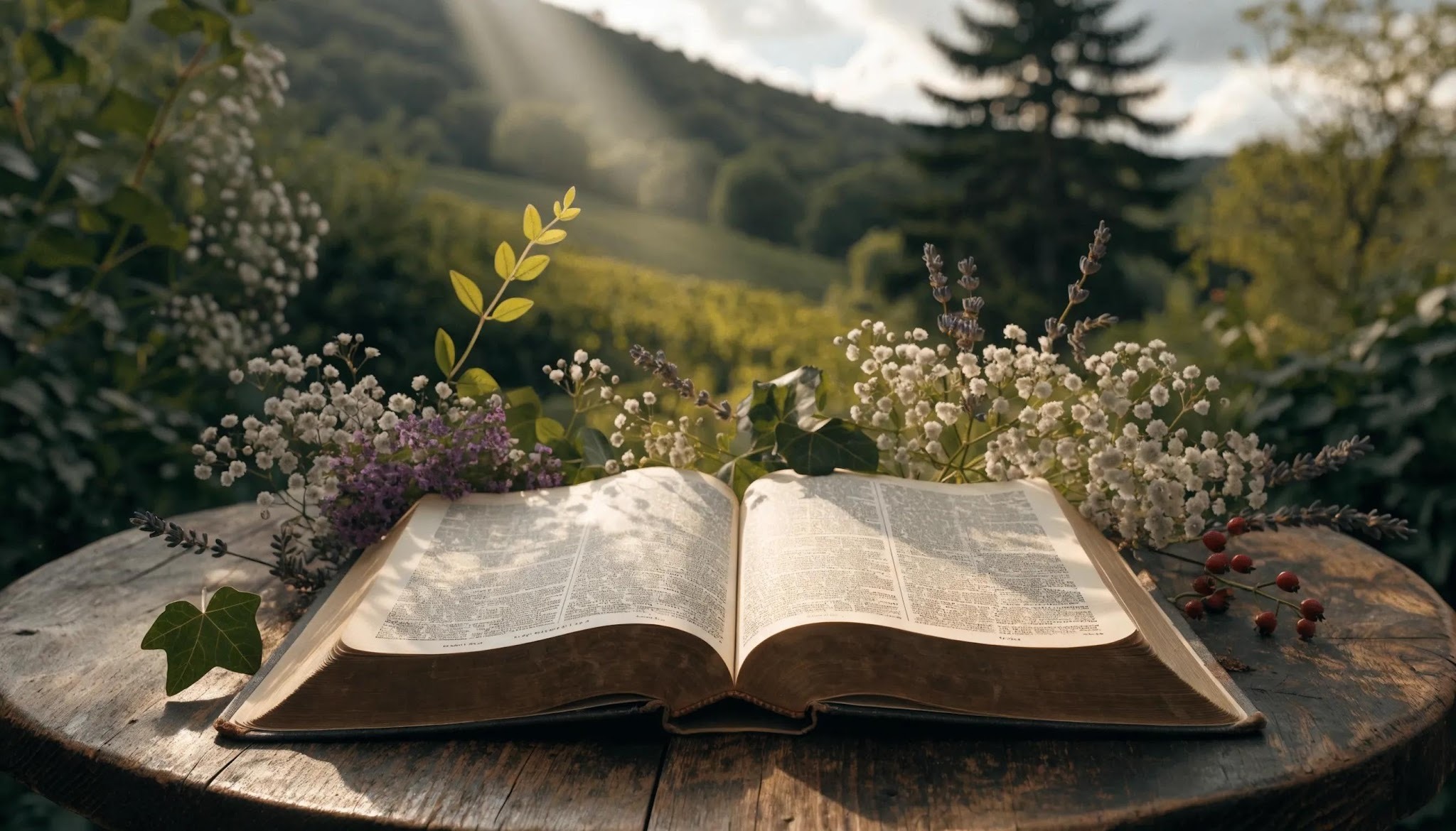 An open book rests on a rustic wooden table outdoors, surrounded by wildflowers and greenery, with sunlight streaming over a scenic, tree-lined hillside in the background.