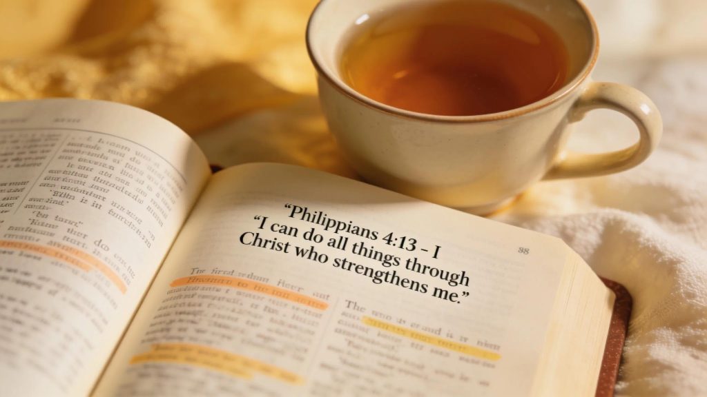 Open Bible with highlighted scripture emphasizing spiritual reflection in addiction recovery An open Bible featuring Philippians 4:13, “I can do all things through Christ who strengthens me,” rests beside a cup of tea on a cozy, softly lit surface.