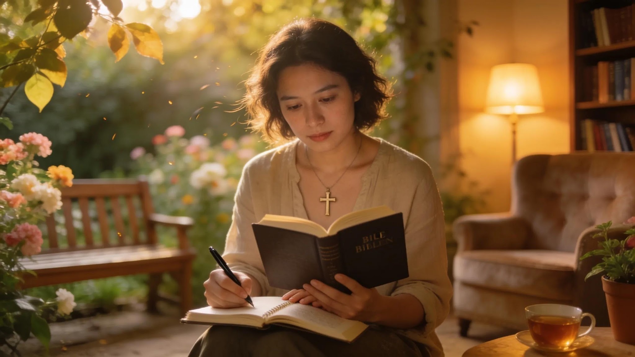A woman sits in a cozy, sunlit room with blooming flowers visible outside. She wears a cross necklace and writes in a notebook while reading a Bible. A teacup sits nearby on a table.