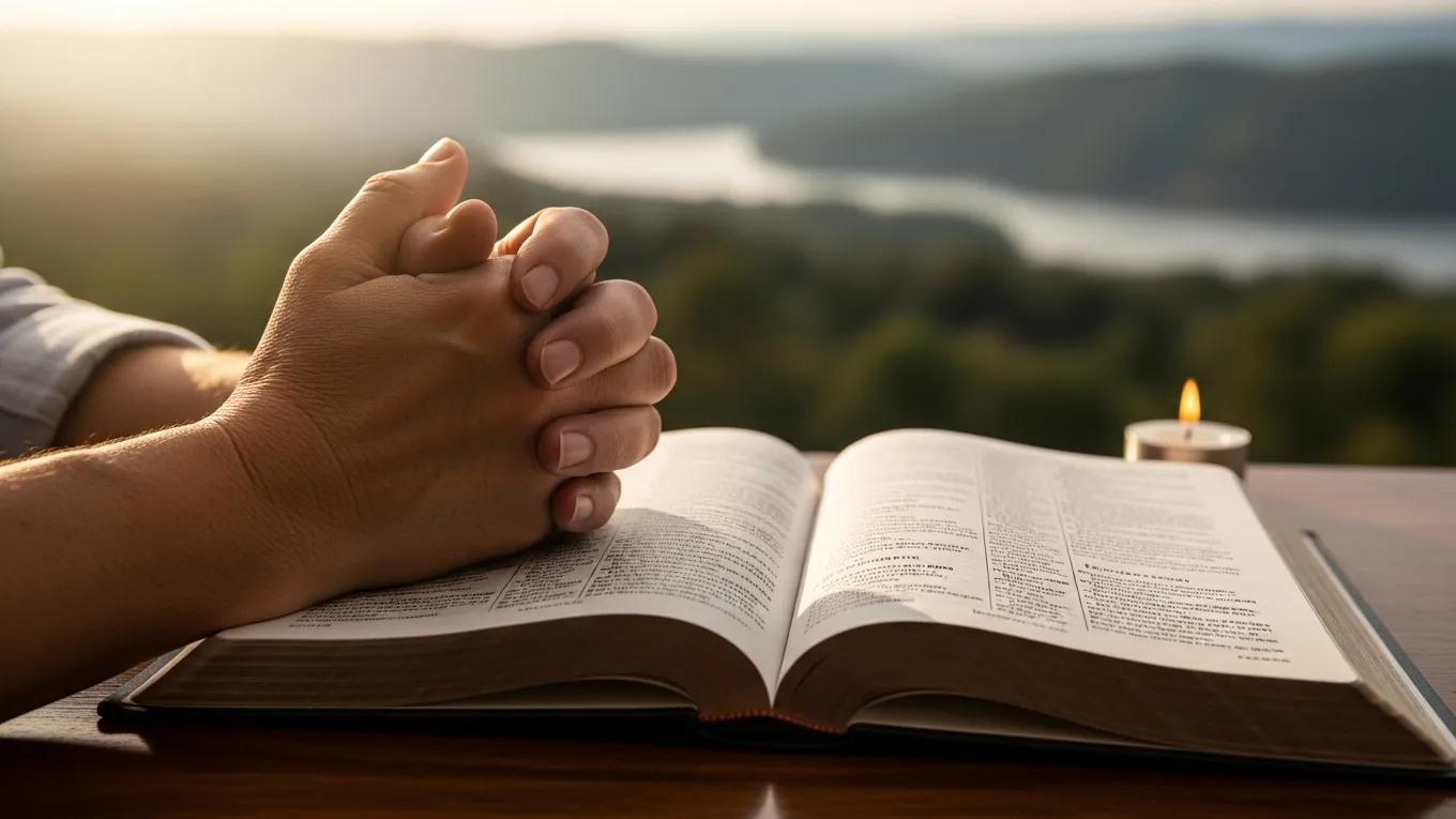 A person with hands clasped in prayer sits at a table with an open Bible, a lit candle nearby, and a scenic view of hills and water in the background at sunset.