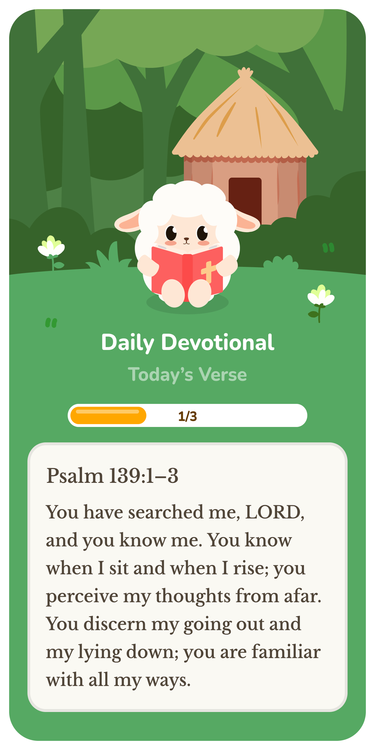 A cute sheep holding a book sits on grass in front of a thatched hut, with text displaying Psalm 139:1-3 about Gods knowledge, on a daily devotional card.