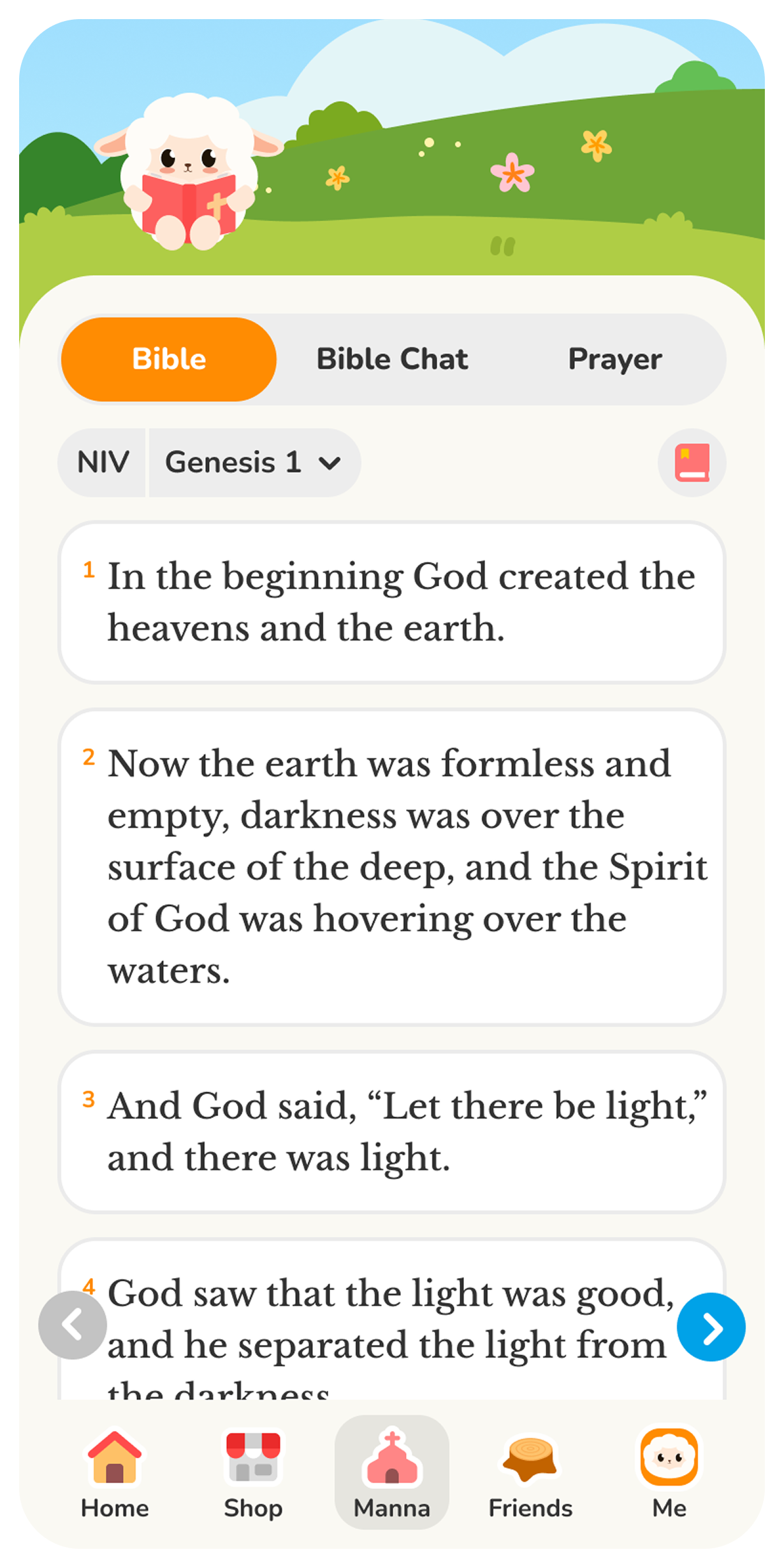 A mobile app screen shows a cute sheep icon, Bible verses from Genesis 1 in chat bubbles, and navigation icons for Home, Shop, Manna, Friends, and Me at the bottom.