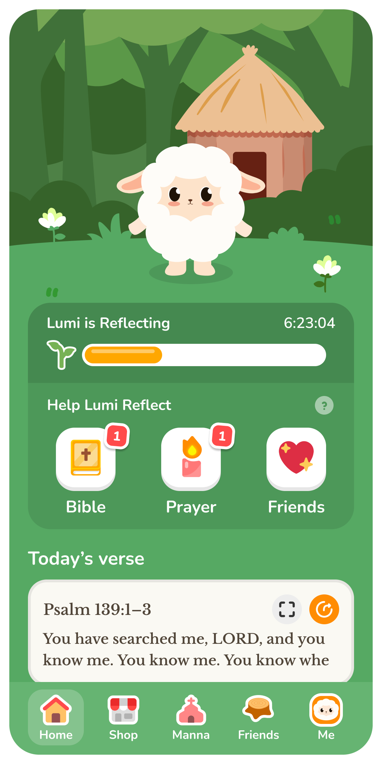 A cute sheep stands in front of a hut with trees in the background. App interface shows Lumi reflecting, Bible, Prayer, and Friends options, and a daily verse from Psalm 139:1-3 at the bottom.
