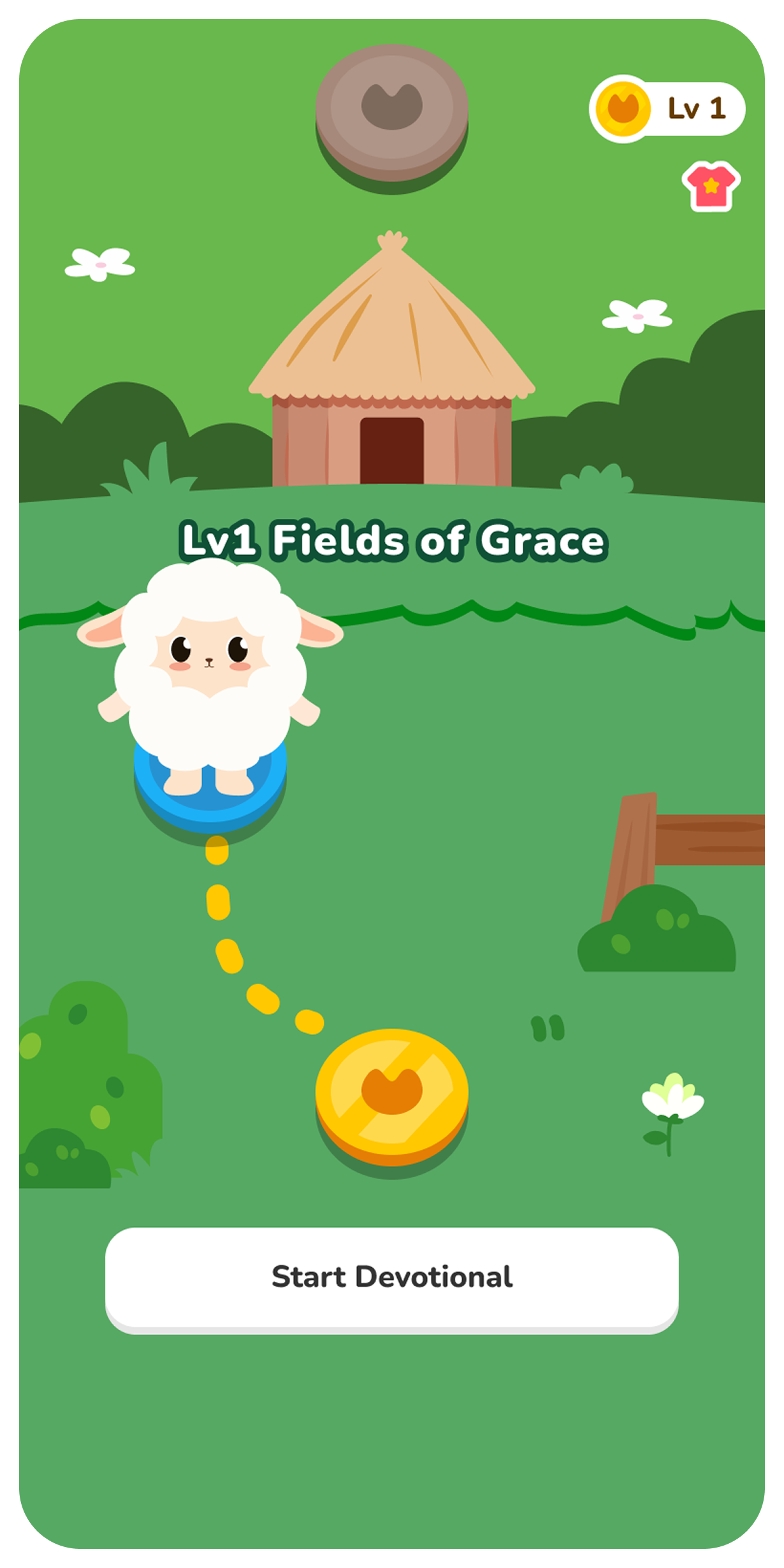 A cute sheep stands on a blue spot in front of a hut with Lv1 Fields of Grace text, a path leading to a heart-shaped icon, and a Start Devotional button at the bottom. The scene is bright and cartoony.