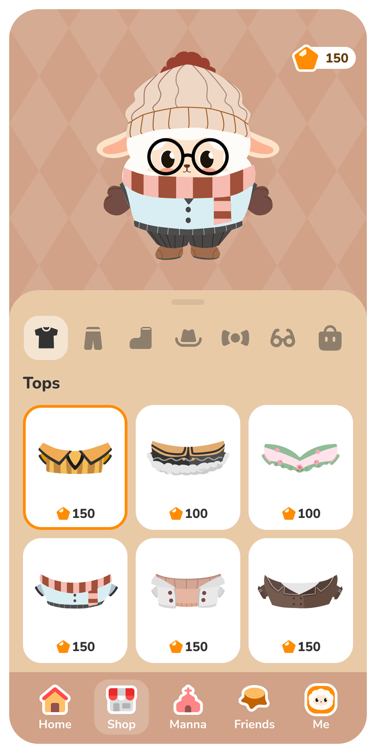A round cartoon animal character wearing glasses, a beanie, and a scarf stands in the center. Clothing options and prices are displayed below, with icons for tops, pants, shoes, and accessories. Menu icons are at the bottom.