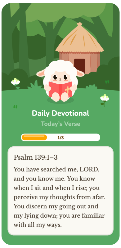 A cute sheep holding a book sits on grass in front of a thatched hut, with text displaying Psalm 139:1-3 about Gods knowledge, on a daily devotional card.