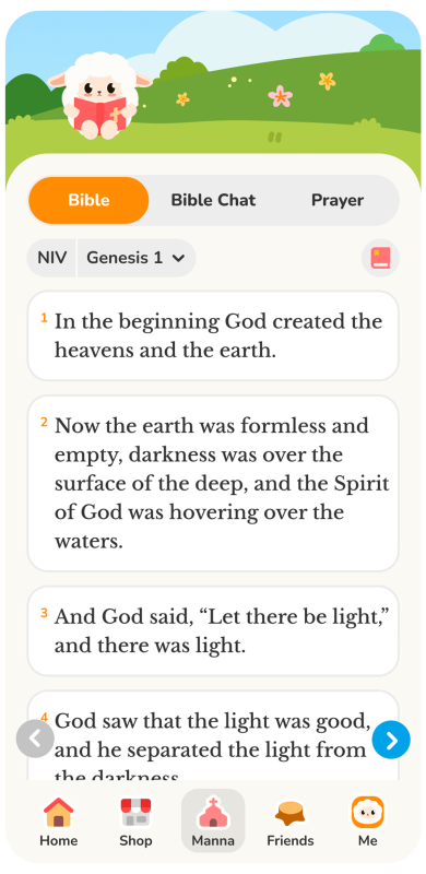 A mobile app screen shows a cute sheep icon, Bible verses from Genesis 1 in chat bubbles, and navigation icons for Home, Shop, Manna, Friends, and Me at the bottom.