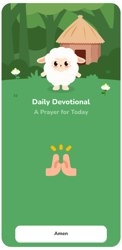 A cute cartoon sheep stands in front of a hut with flowers and trees. Text reads Daily Devotional: A Prayer for Today above praying hands and a button labeled Amen at the bottom.
