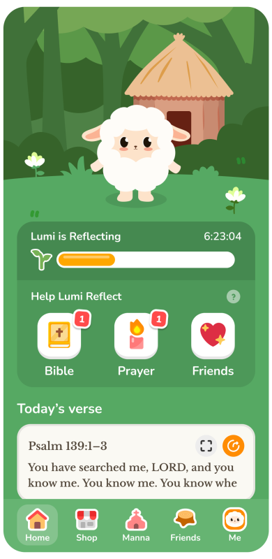 A cute sheep stands in front of a hut with trees in the background. App interface shows Lumi reflecting, Bible, Prayer, and Friends options, and a daily verse from Psalm 139:1-3 at the bottom.