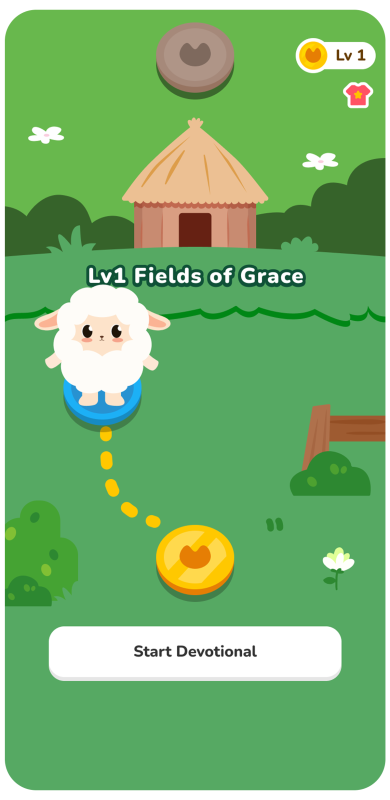 A cute sheep stands on a blue spot in front of a hut with Lv1 Fields of Grace text, a path leading to a heart-shaped icon, and a Start Devotional button at the bottom. The scene is bright and cartoony.