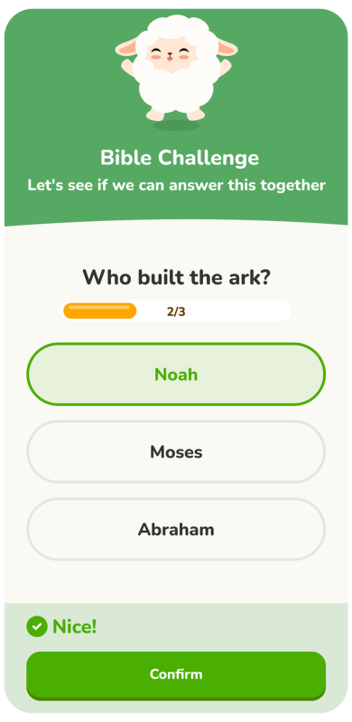 A quiz screen with a sheep mascot asks, Who built the ark? The correct answer, Noah, is selected. A bar shows 2/3 questions answered, and a message says, Nice! with a green checkmark.