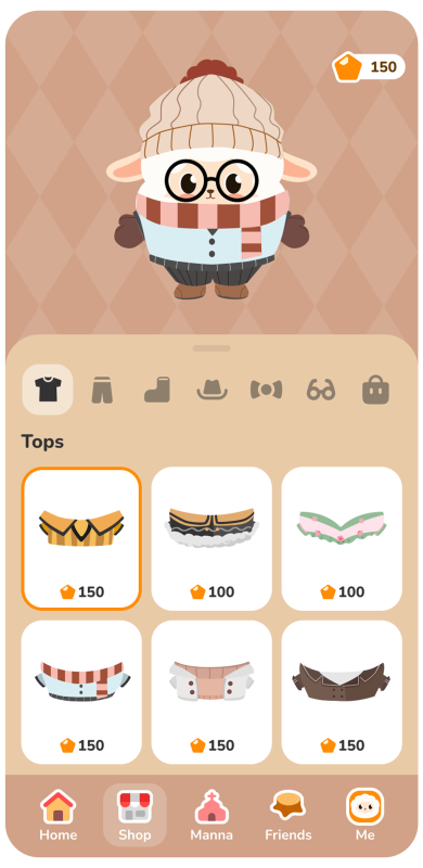 A round cartoon animal character wearing glasses, a beanie, and a scarf stands in the center. Clothing options and prices are displayed below, with icons for tops, pants, shoes, and accessories. Menu icons are at the bottom.